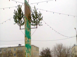 Странное новогоднее украшение на облезлой стеле прописалось в Камышине в одном из микрорайонов