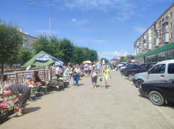 Торговцы на стихийном рынке вдоль улицы Ленина в Камышине благоустраивают свои места на земле, укрепляя зонтики
