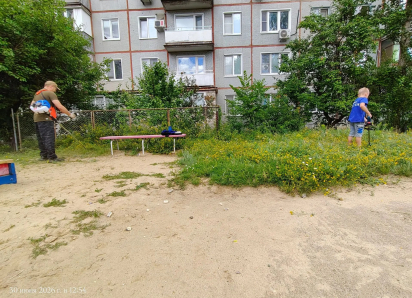 В Камышине «протиратели штанов» проспали июнь: отец и сын спасли детскую площадку от сорных зарослей